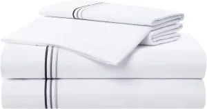 Aston & Arden Sateen Sheet Set - 100% Cotton 600 Thread Count Luxurious Hotel Silky Sheets, Pristine White with Fine Baratta Embroidered 3-Striped Hem, Wrinkle Resistant, Full, Onyx Black