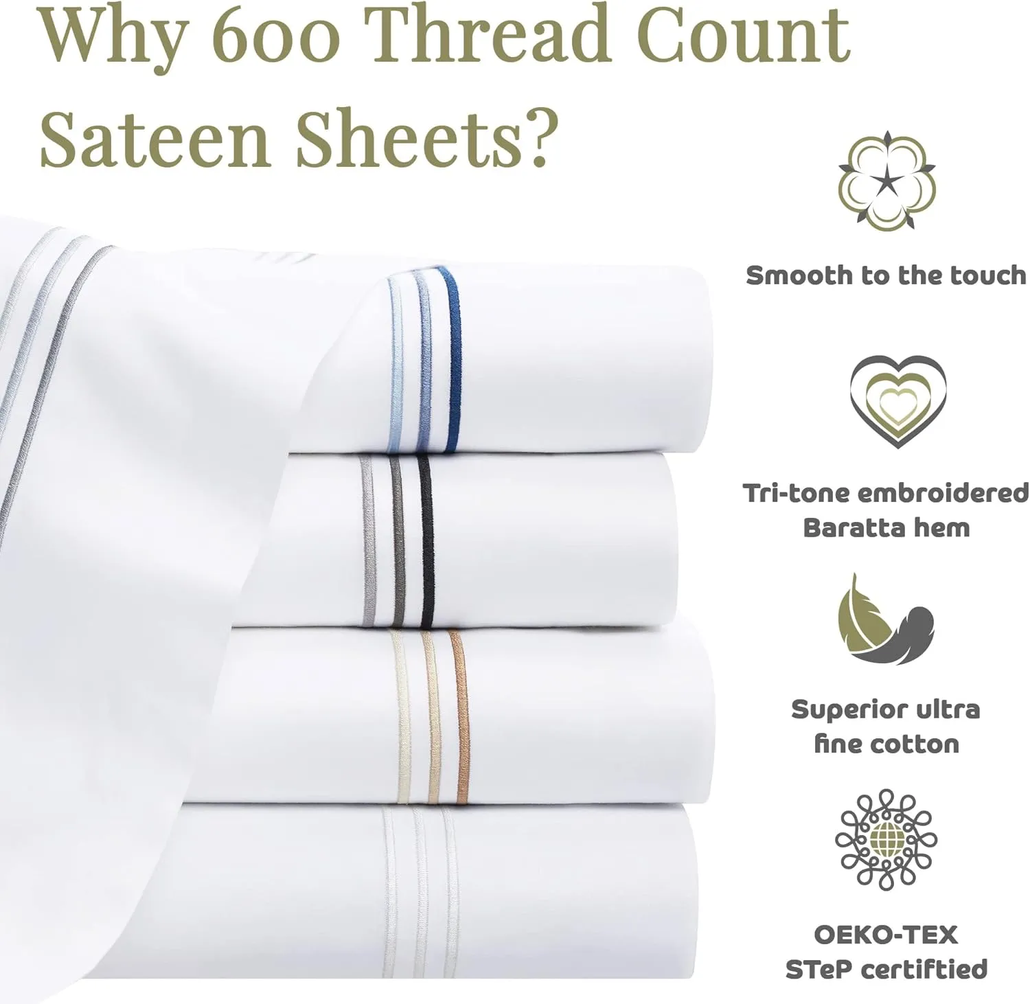 Aston & Arden Sateen Sheet Set - 100% Cotton 600 Thread Count Luxurious Hotel Silky Sheets, Pristine White with Fine Baratta Embroidered 3-Striped Hem, Wrinkle Resistant, Full, Onyx Black