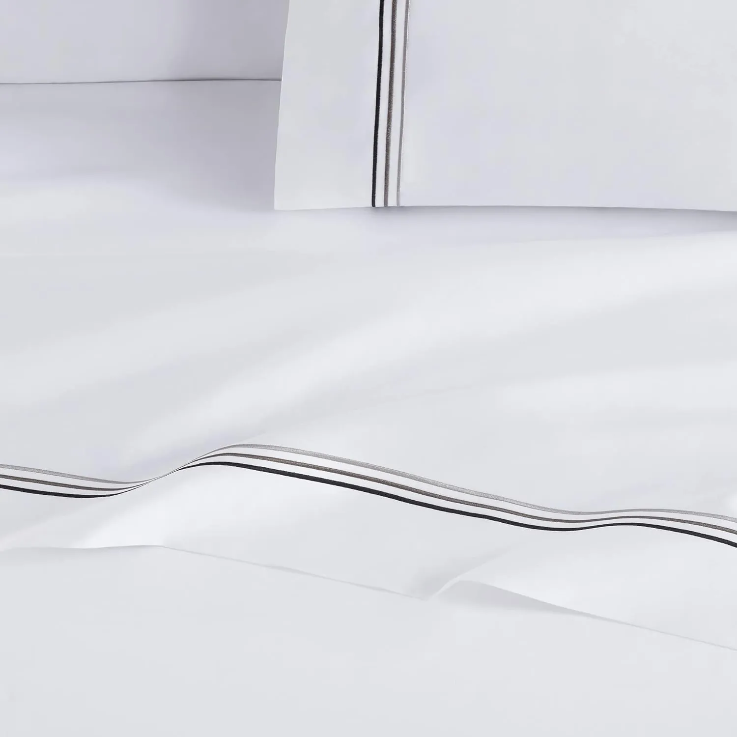 Aston & Arden Sateen Sheet Set - 100% Cotton 600 Thread Count Luxurious Hotel Silky Sheets, Pristine White with Fine Baratta Embroidered 3-Striped Hem, Wrinkle Resistant, Full, Onyx Black
