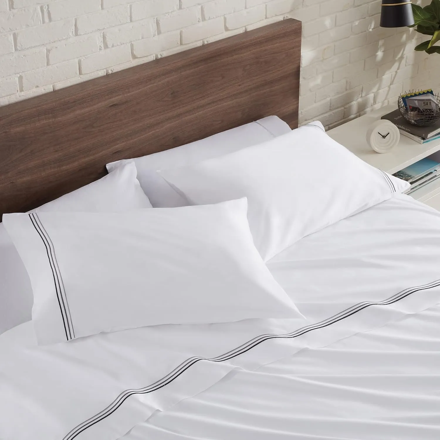 Aston & Arden Sateen Sheet Set - 100% Cotton 600 Thread Count Luxurious Hotel Silky Sheets, Pristine White with Fine Baratta Embroidered 3-Striped Hem, Wrinkle Resistant, Full, Onyx Black