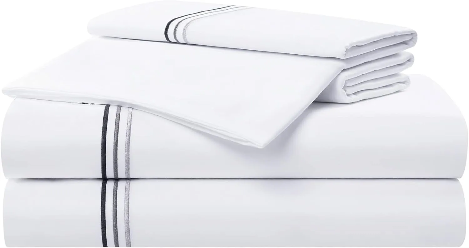 Aston & Arden Sateen Sheet Set - 100% Cotton 600 Thread Count Luxurious Hotel Silky Sheets, Pristine White with Fine Baratta Embroidered 3-Striped Hem, Wrinkle Resistant, Full, Onyx Black