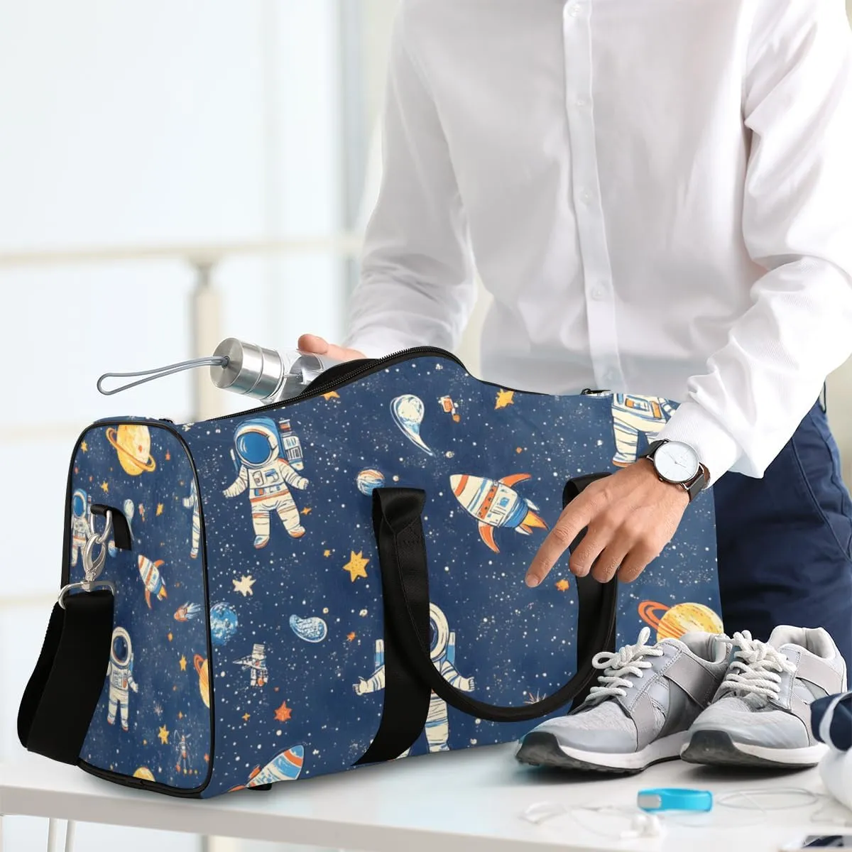 Astronaut Rocket Travel Duffle Bag for Women Men Gym Duffel Foldable Bag Waterproof Weekender Planets Space Duffle Tote