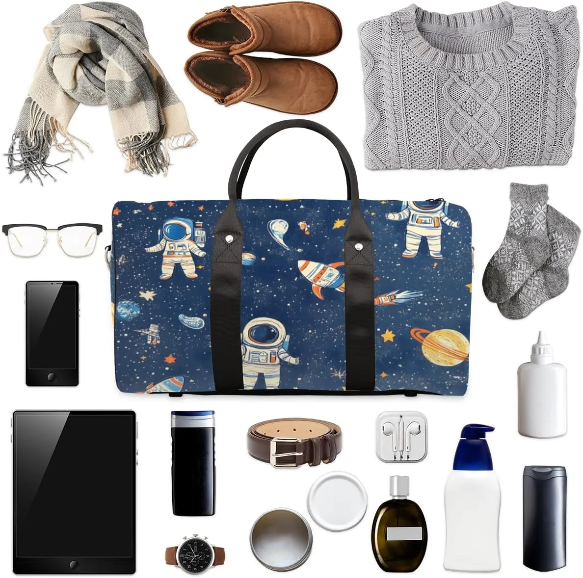 Astronaut Rocket Travel Duffle Bag for Women Men Gym Duffel Foldable Bag Waterproof Weekender Planets Space Duffle Tote