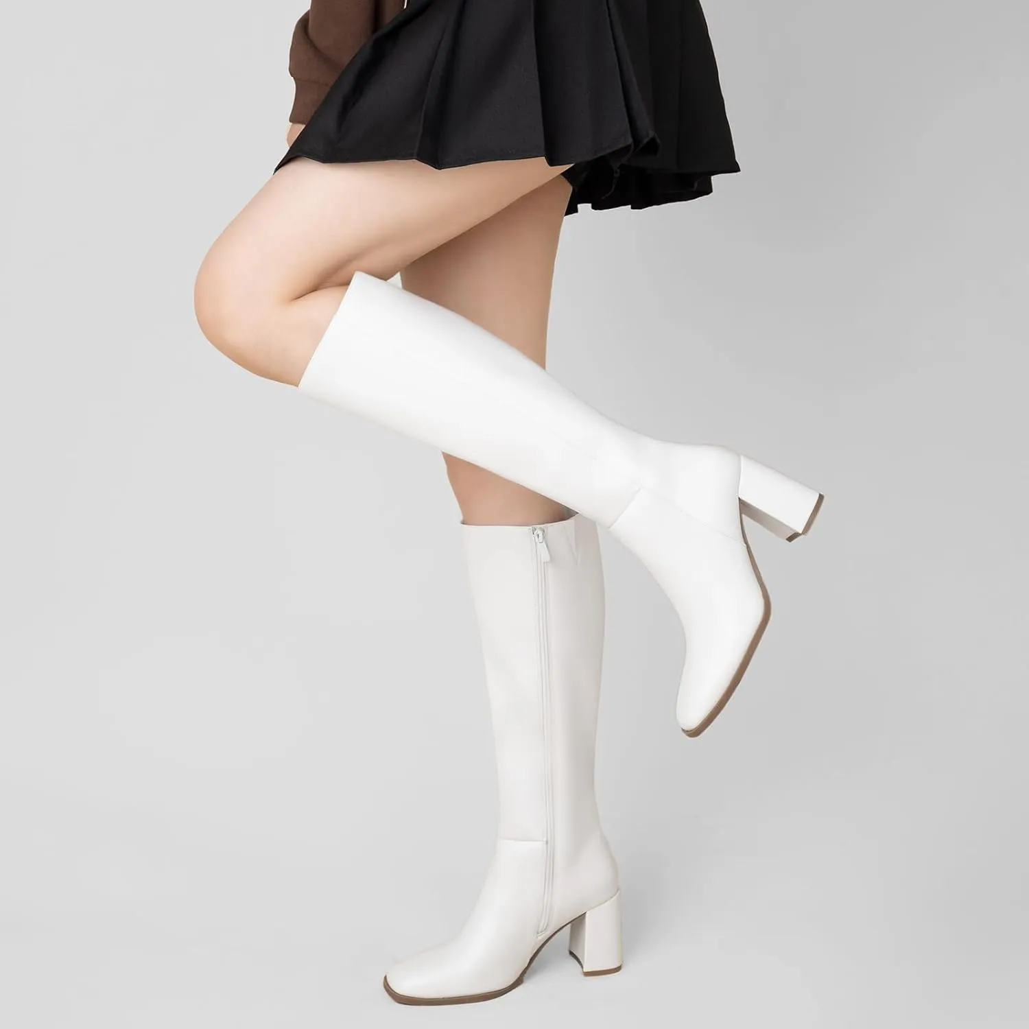 Athlefit Women's Knee High Boots Fashion Chunky Heel Square Toe Tall Boots Side Zipper Long Boots