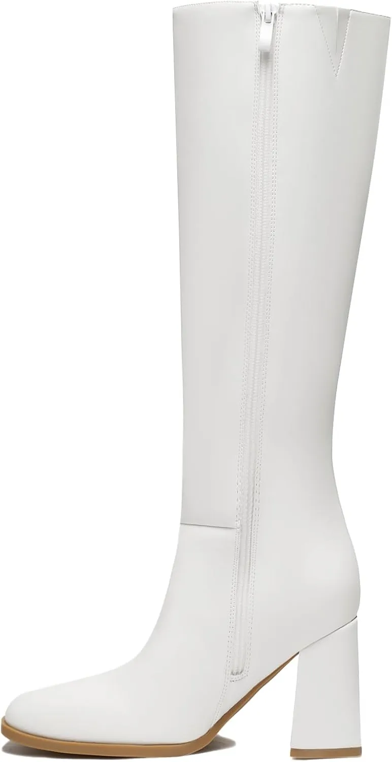 Athlefit Women's Knee High Boots Fashion Chunky Heel Square Toe Tall Boots Side Zipper Long Boots