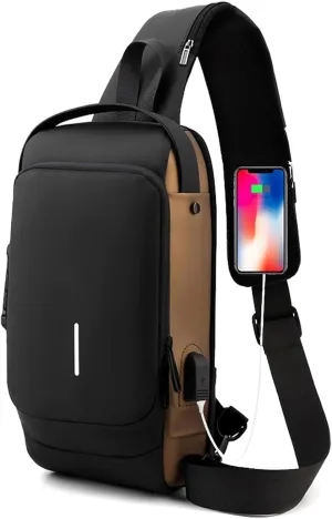 Auricz Bag, New Carbon Fiber Streamline Anti-Theft Sling Bag, Waterproof USB Charging Sport Sling Shoulder Bags (Black Gold)