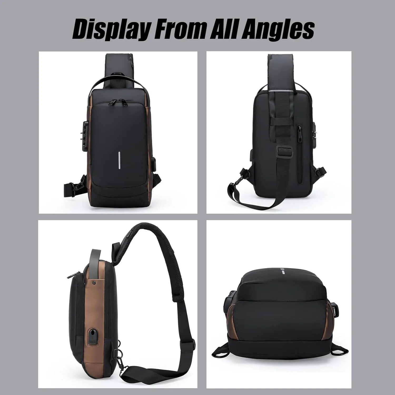 Auricz Bag, New Carbon Fiber Streamline Anti-Theft Sling Bag, Waterproof USB Charging Sport Sling Shoulder Bags (Black Gold)
