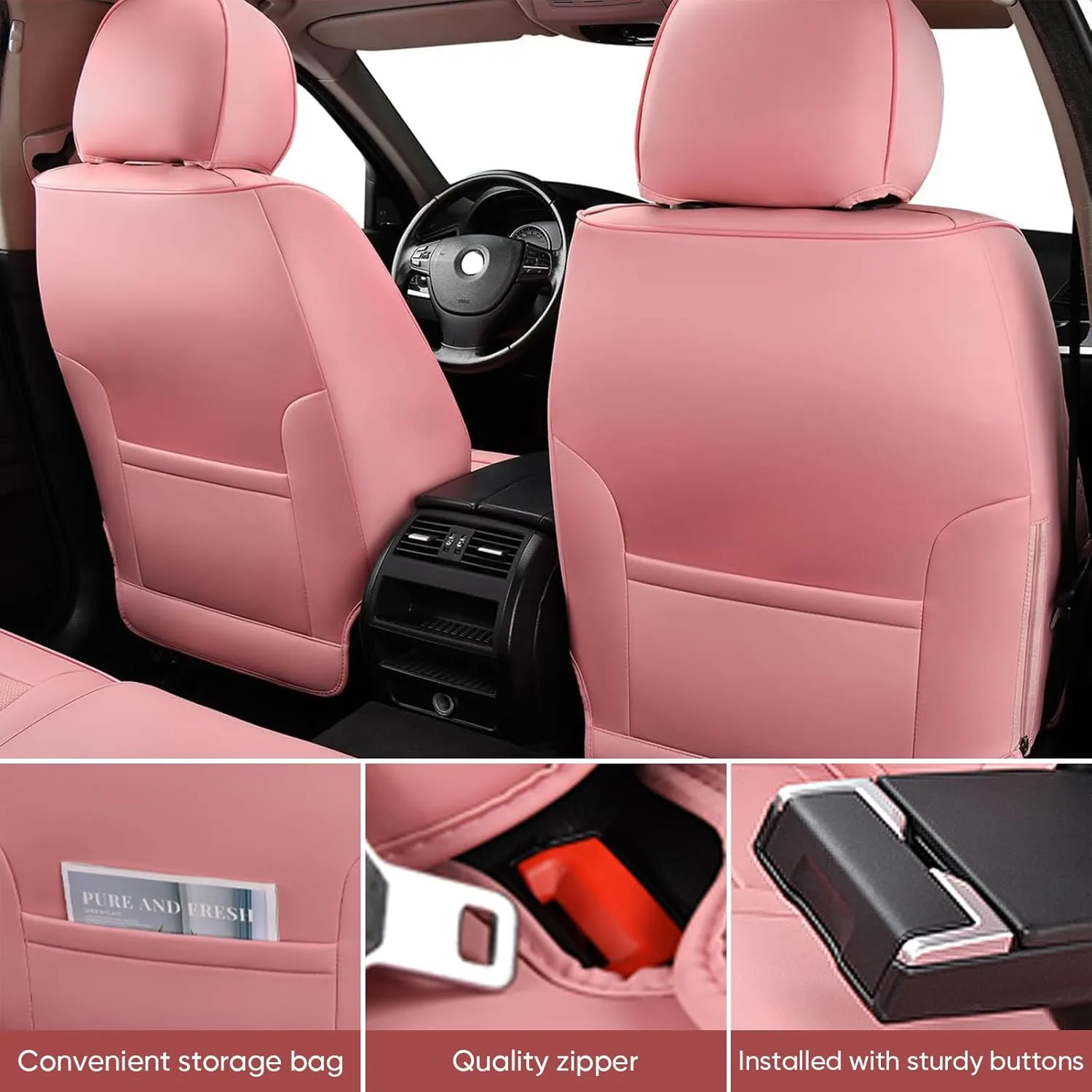 Auto Car Seat Covers Accessories Front Seat Leather Cushion Protector Breathable Waterproof Seat Cover for Cars Universal Fit (Pink, Front Pair)