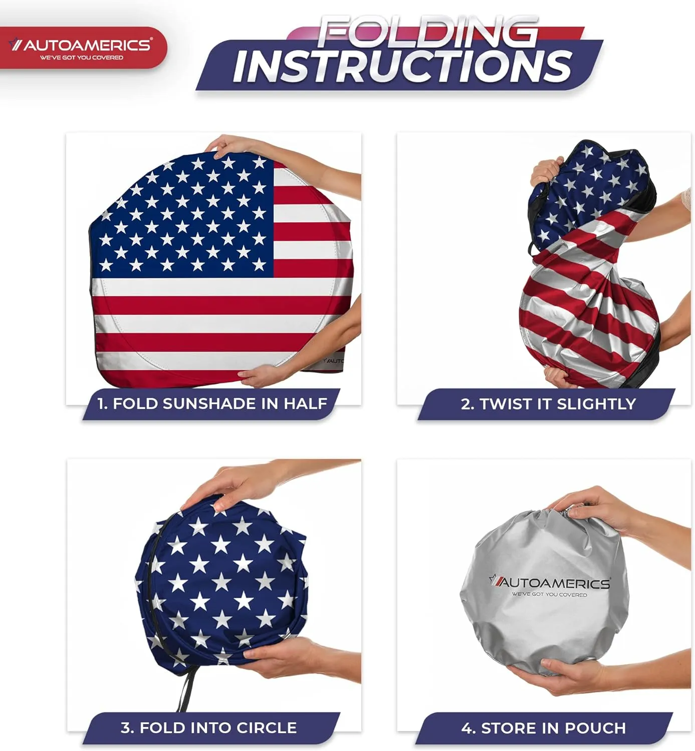Autoamerics Truck Windshield Sun Shade with Storage Pouch & Anti-Slip Dash Pad - Foldable Original USA Flag Design - Fits Most SUVs & Trucks - Blocks UV Rays, Keeps Vehicle Cool | X-Large (66 x 36 in)