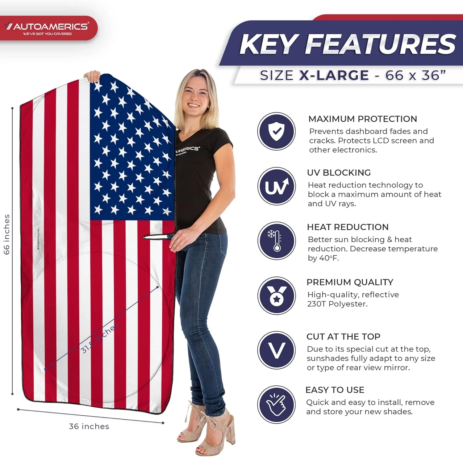 Autoamerics Truck Windshield Sun Shade with Storage Pouch & Anti-Slip Dash Pad - Foldable Original USA Flag Design - Fits Most SUVs & Trucks - Blocks UV Rays, Keeps Vehicle Cool | X-Large (66 x 36 in)