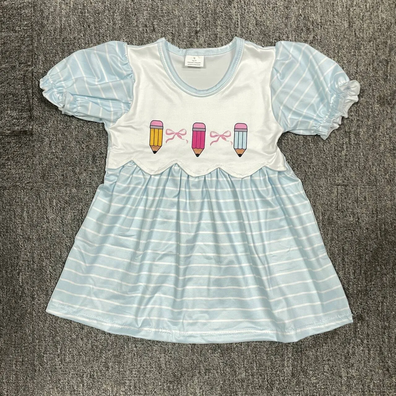 Back to school cartoon pencil print blue striped dress