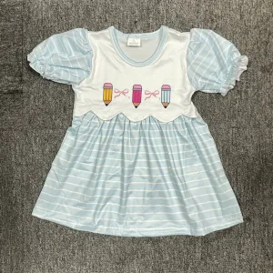 Back to school cartoon pencil print blue striped dress