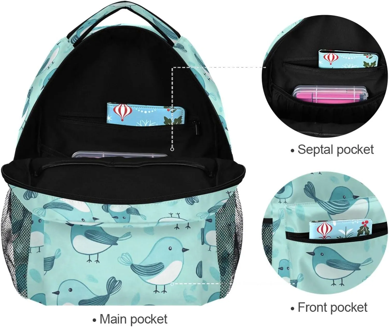 Backpack for Men and Women Fashion Outdoor Backpack with Chest Strap for Business Work College Travel Trip Cartoon Cute Bird Turquoise
