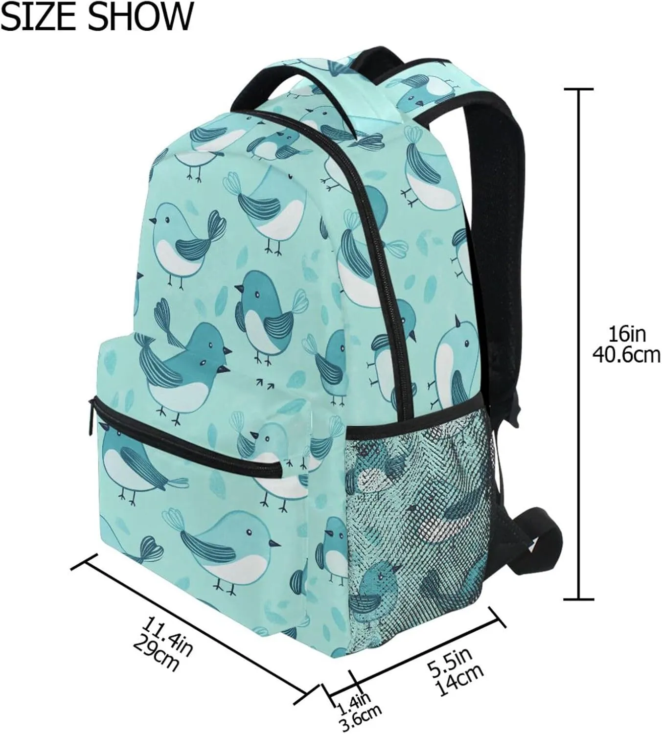Backpack for Men and Women Fashion Outdoor Backpack with Chest Strap for Business Work College Travel Trip Cartoon Cute Bird Turquoise