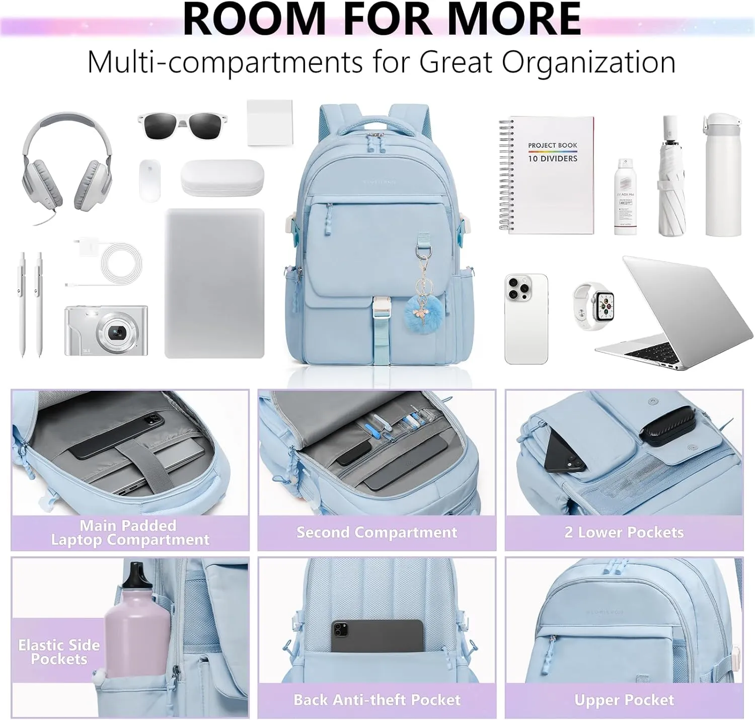 Backpack Travel Casual Daypack Bookbag for School, Multiple Pockets Schoolbag for Teen Girls