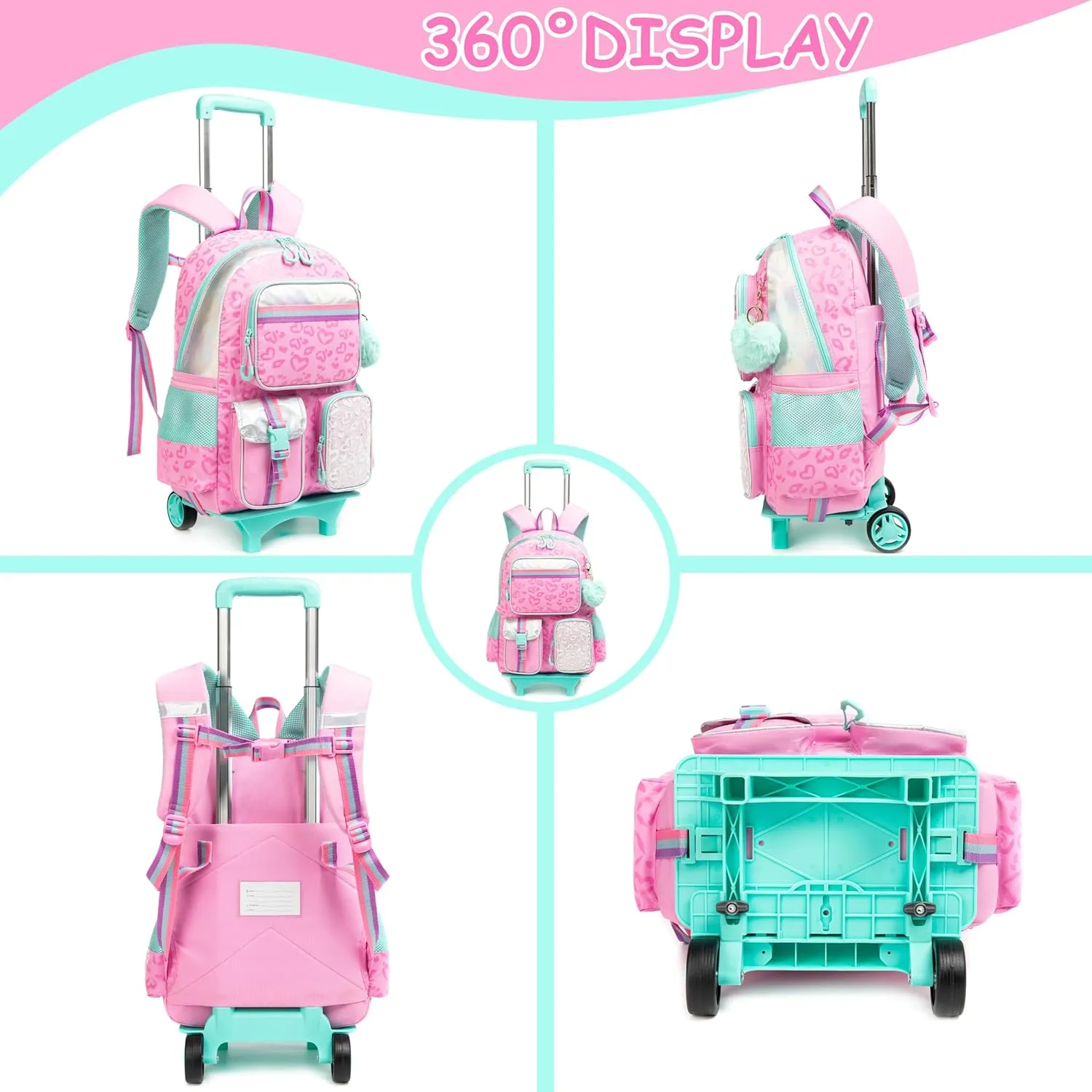 Backpack with Wheels for Girls Rolling Backpack with Lunch Box Pencil Case for Kids Carry On Suitcase with Wheels for Elementary Teens Girls