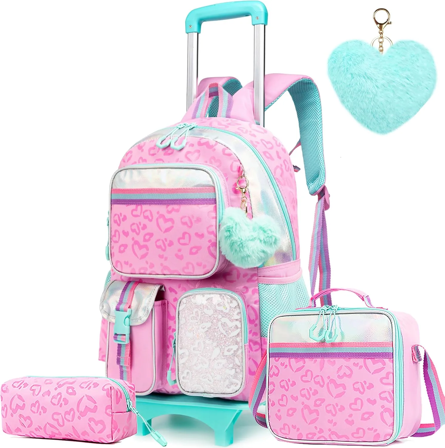Backpack with Wheels for Girls Rolling Backpack with Lunch Box Pencil Case for Kids Carry On Suitcase with Wheels for Elementary Teens Girls
