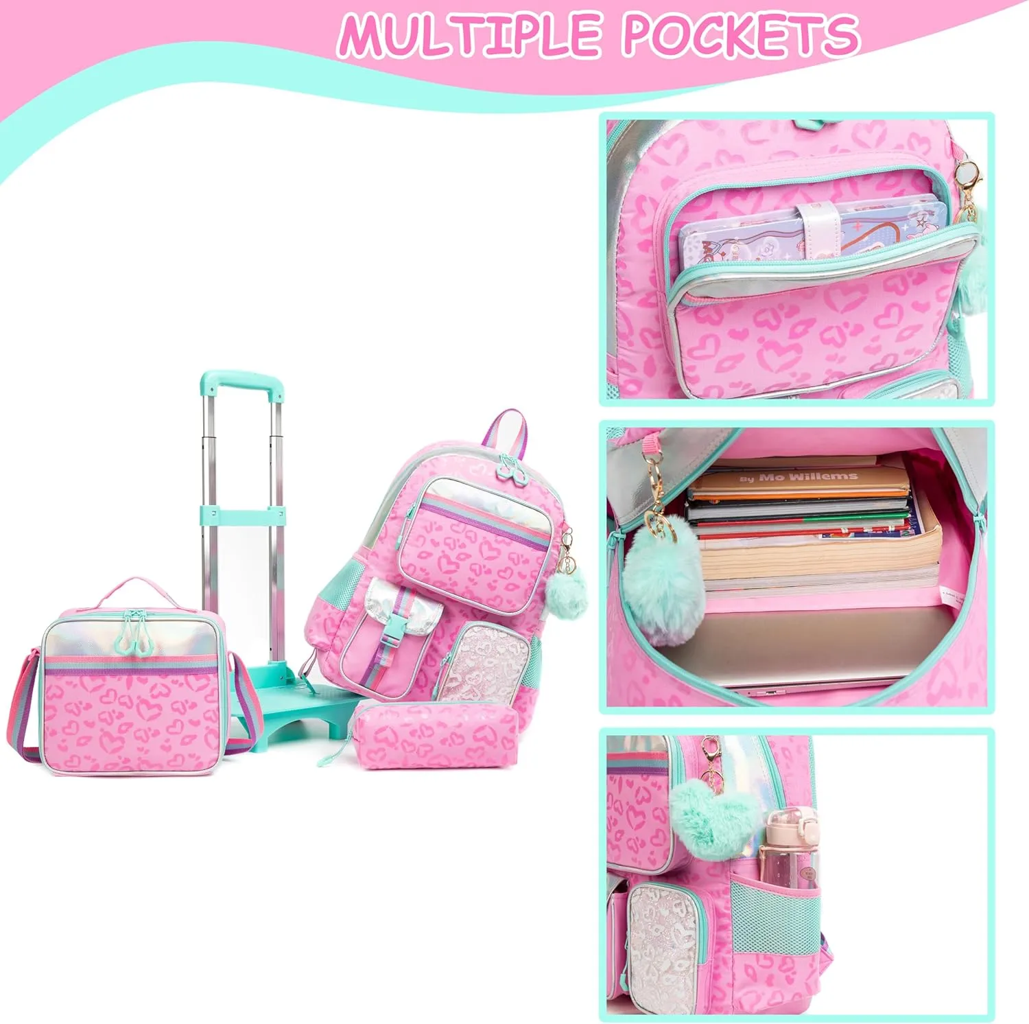 Backpack with Wheels for Girls Rolling Backpack with Lunch Box Pencil Case for Kids Carry On Suitcase with Wheels for Elementary Teens Girls