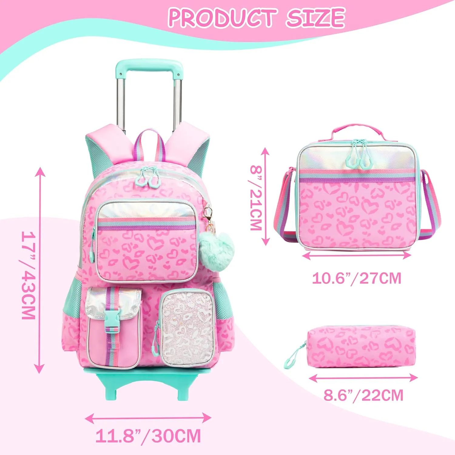 Backpack with Wheels for Girls Rolling Backpack with Lunch Box Pencil Case for Kids Carry On Suitcase with Wheels for Elementary Teens Girls