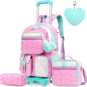 Backpack with Wheels for Girls Rolling Backpack with Lunch Box Pencil Case for Kids Carry On Suitcase with Wheels for Elementary Teens Girls