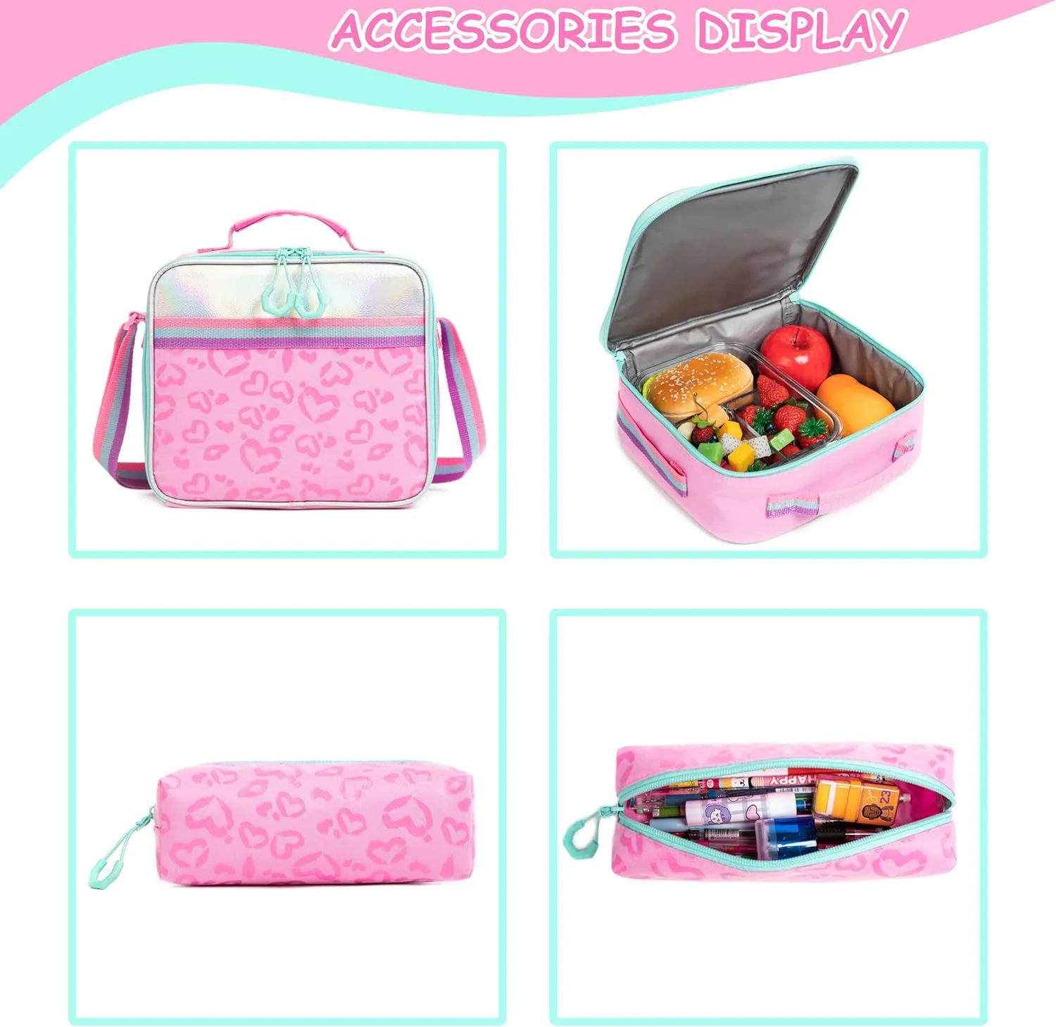 Backpack with Wheels for Girls Rolling Backpack with Lunch Box Pencil Case for Kids Carry On Suitcase with Wheels for Elementary Teens Girls