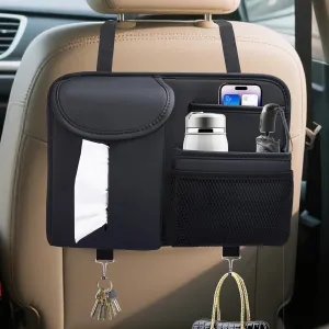 Backseat Car Organizer, Leather Rear Seat Organizer with Tissue Box and Hooks, Multifunctional Car Behind Seat Storage Bag for Road Trips, Travel Accessories