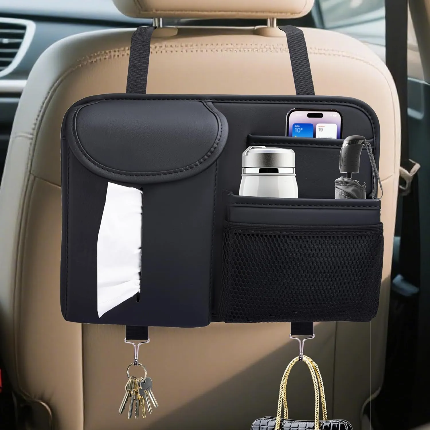 Backseat Car Organizer, Leather Rear Seat Organizer with Tissue Box and Hooks, Multifunctional Car Behind Seat Storage Bag for Road Trips, Travel Accessories