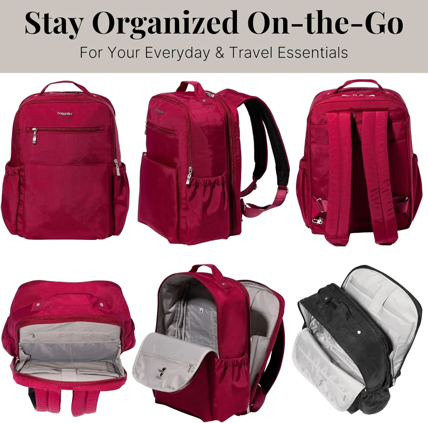 Baggallini Tribeca Expandable Laptop Backpack - 15"x11" Lightweight Work Travel Bag w/Luggage Sleeve & RFID
