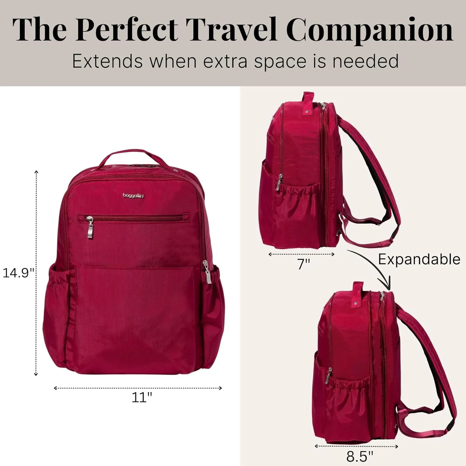 Baggallini Tribeca Expandable Laptop Backpack - 15"x11" Lightweight Work Travel Bag w/Luggage Sleeve & RFID