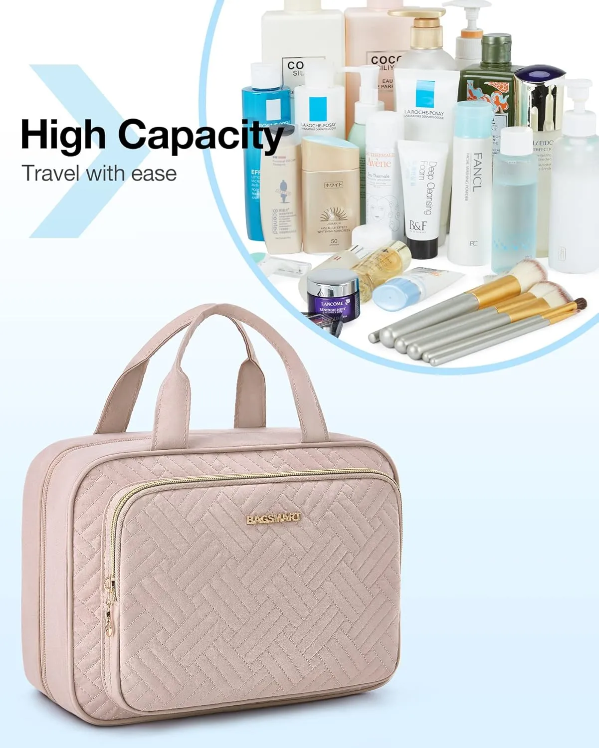BAGSMART Travel Toiletry Bag Hanging Travel Makeup Organizer Cosmetic Bag Makeup Bag for Full Sized Toiletries, Basic-Pink