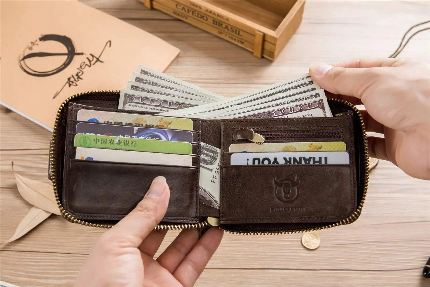 BAIGIO RFID Men Leather Zipper Wallet Zip Around Wallet Bifold Multi Card Holder Purse (Brown)