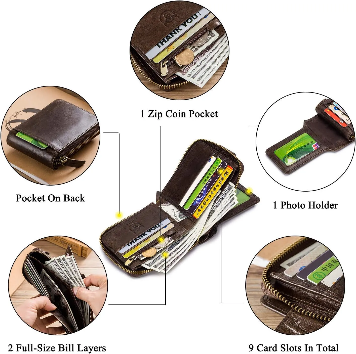 BAIGIO RFID Men Leather Zipper Wallet Zip Around Wallet Bifold Multi Card Holder Purse (Brown)