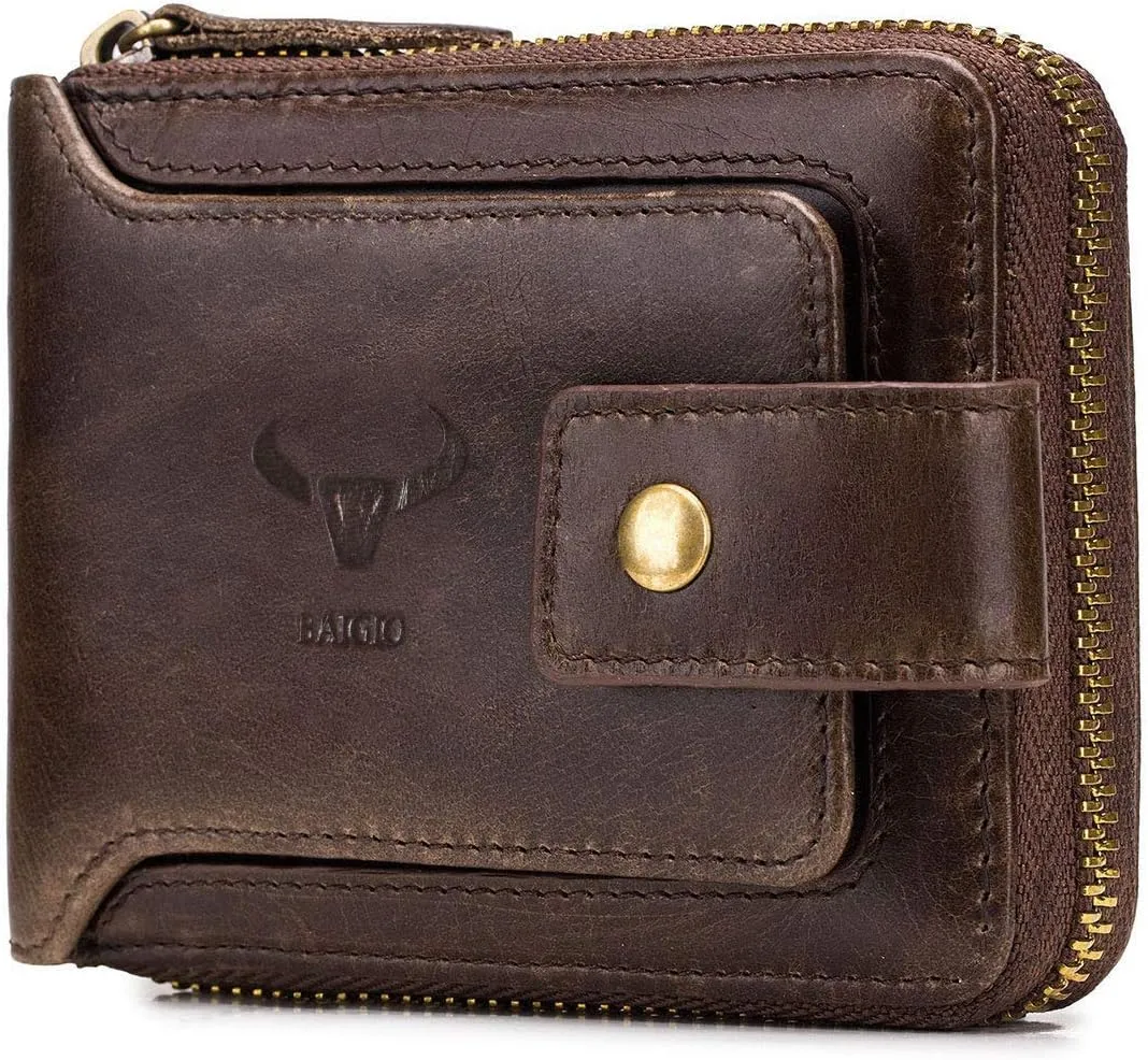 BAIGIO RFID Men Leather Zipper Wallet Zip Around Wallet Bifold Multi Card Holder Purse (Brown)