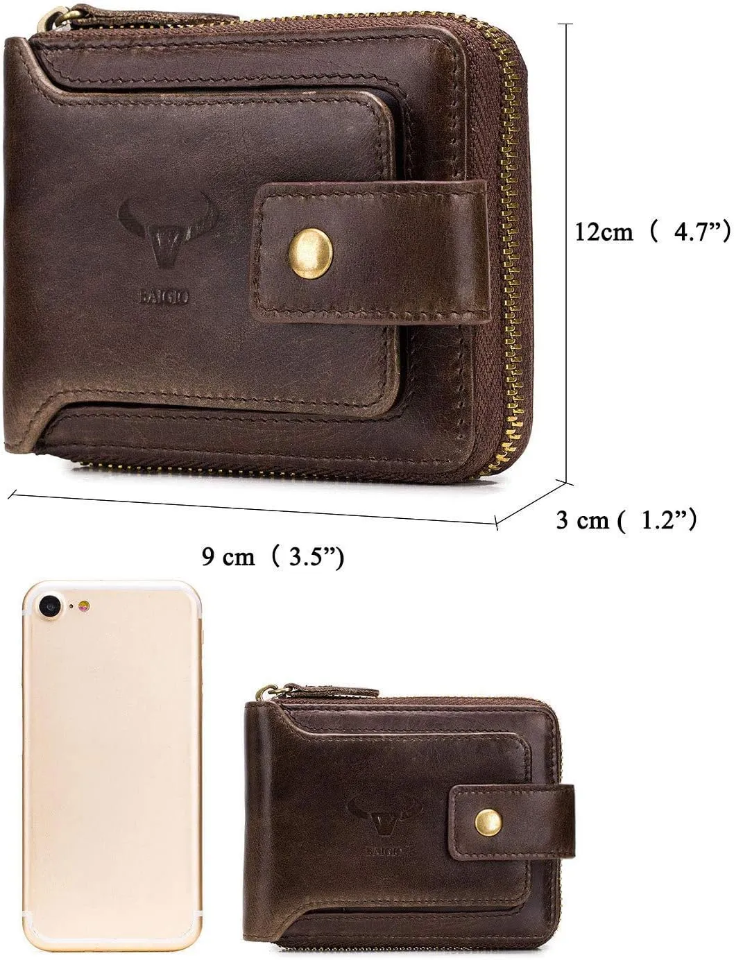 BAIGIO RFID Men Leather Zipper Wallet Zip Around Wallet Bifold Multi Card Holder Purse (Brown)
