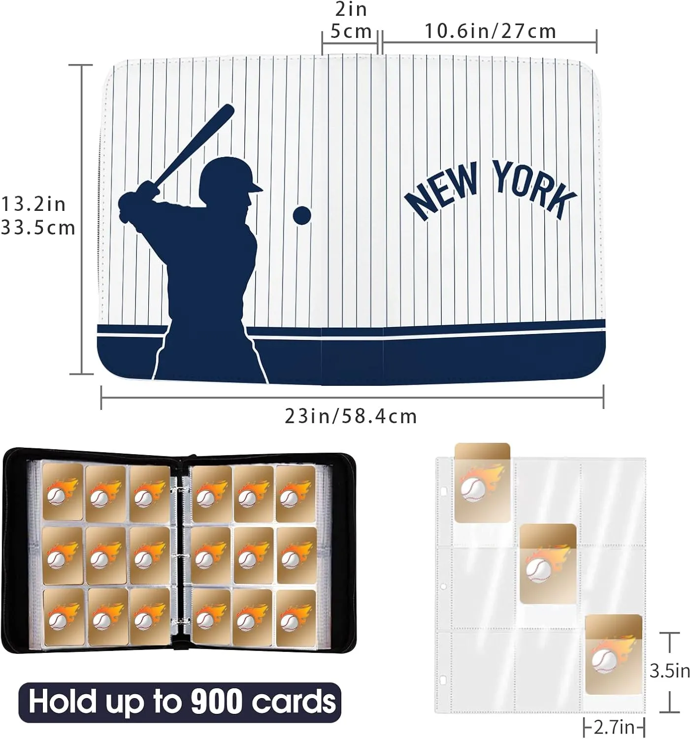 Baseball Card Binder with Sleeves, 900 Pocket, White, New York, 3 Ring, for Collectible Cards, Gift