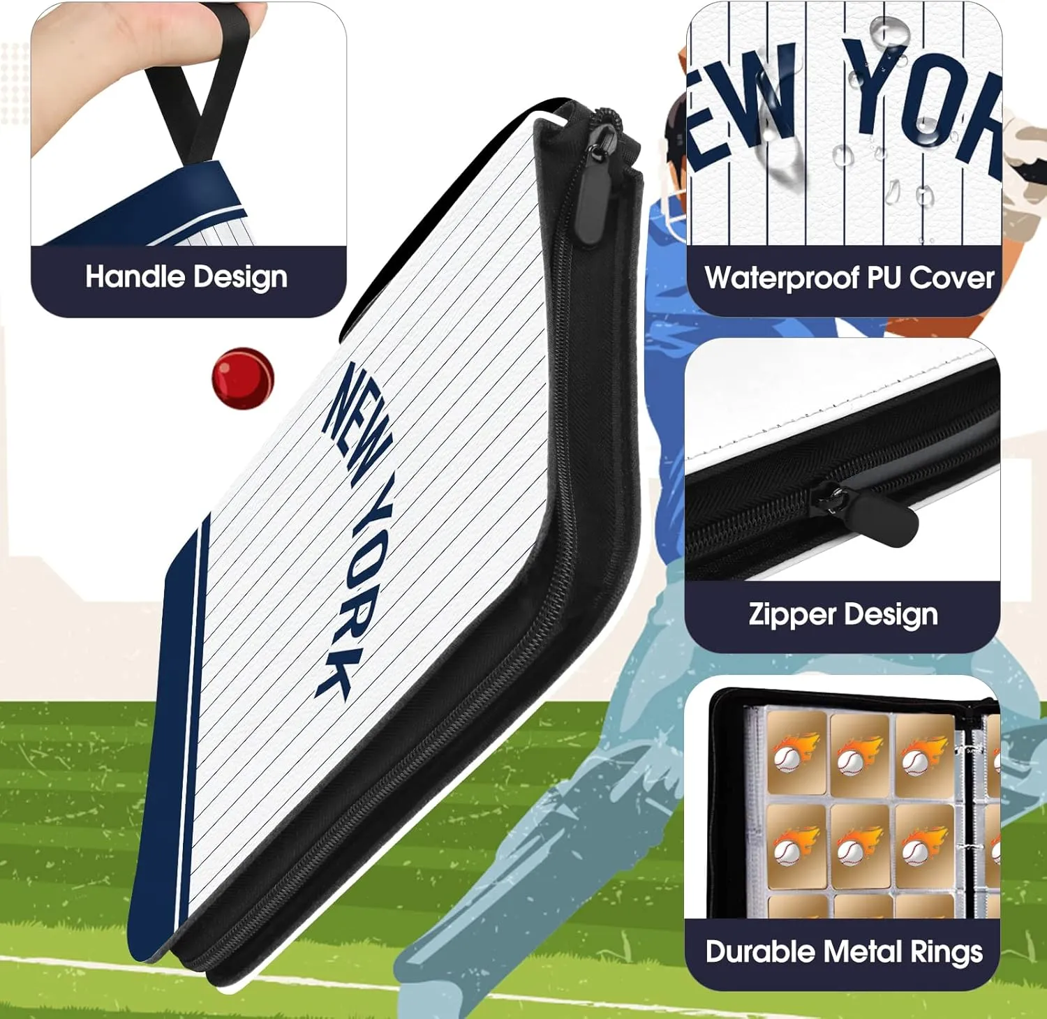 Baseball Card Binder with Sleeves, 900 Pocket, White, New York, 3 Ring, for Collectible Cards, Gift