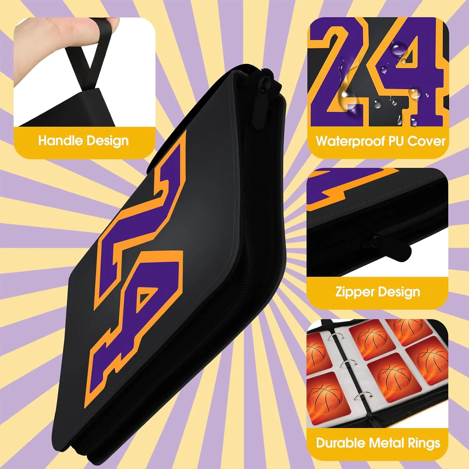 Basketball Card Binder 4 Pocket, 8#24 Sports Trading Card Holder with 50 Sleeves Fits 400 Cards, Basketball Card Display Album Storage Case Collectors Book for Kids Gift (Black-Purple)