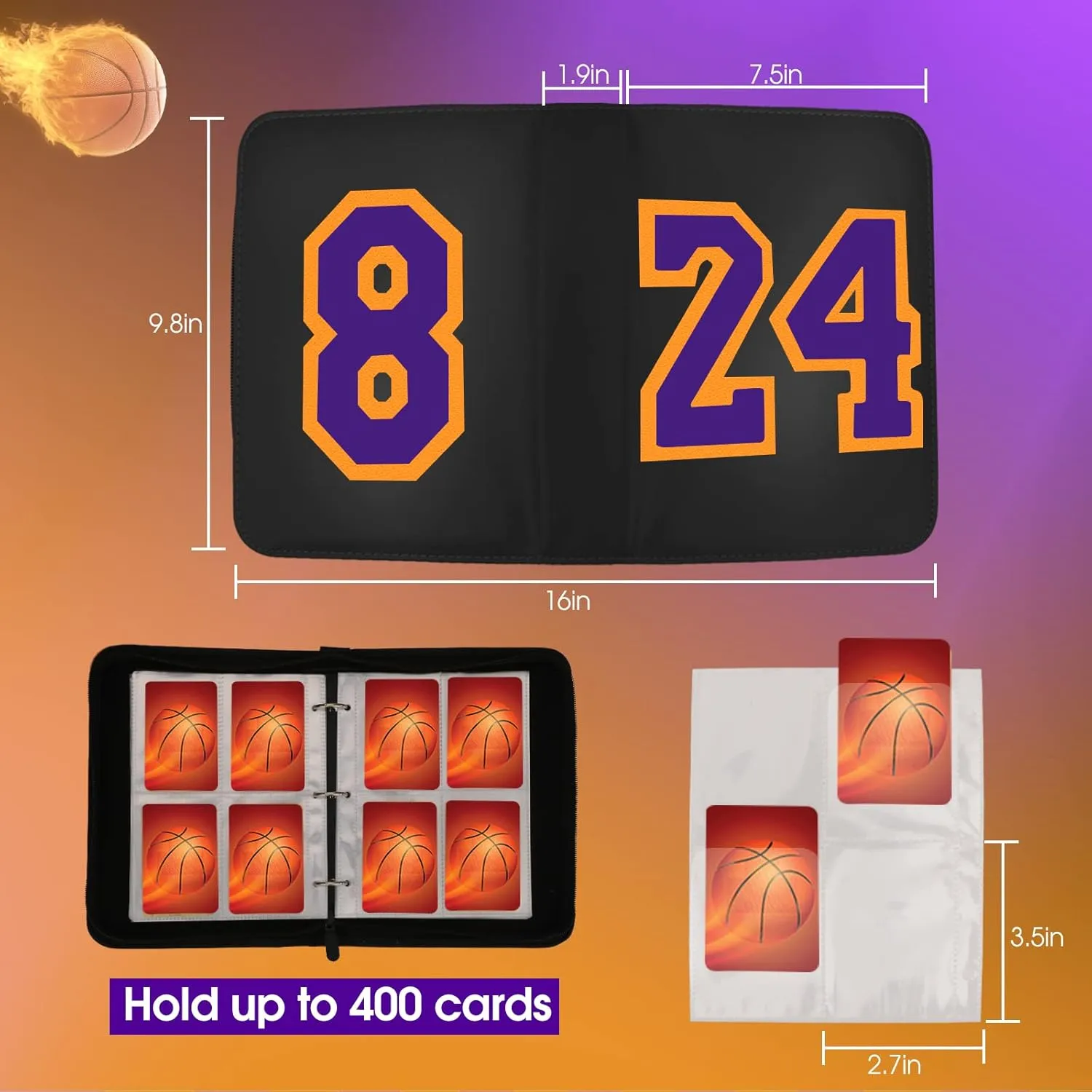 Basketball Card Binder 4 Pocket, 8#24 Sports Trading Card Holder with 50 Sleeves Fits 400 Cards, Basketball Card Display Album Storage Case Collectors Book for Kids Gift (Black-Purple)