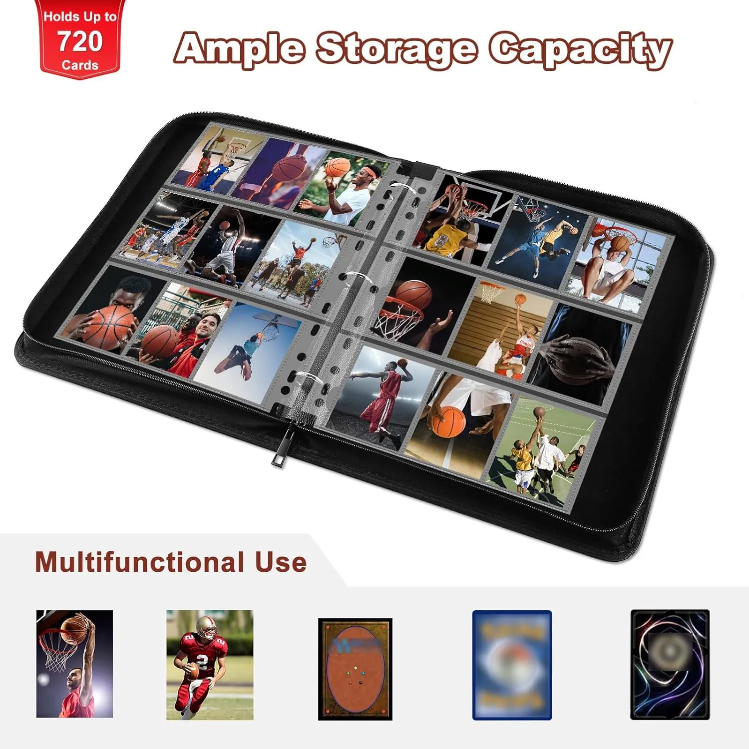 Basketball Card Binder 720 Pocket, Sports Card Binder with Card Display Design, Premium Card Holder with Sports Pattern Wristband Fit for Basketball Cards 2025