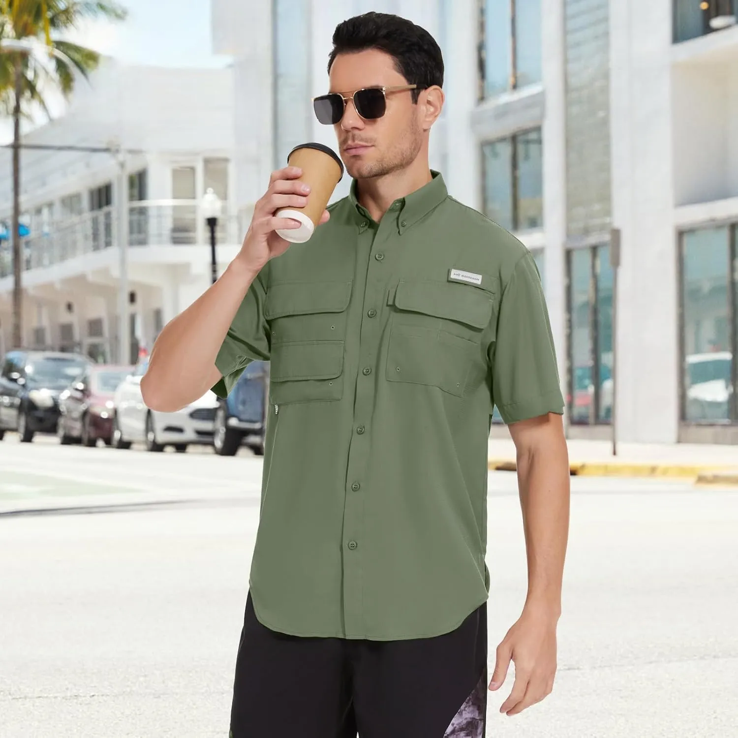 BASSDASH UPF 50 Men’s Fishing Dress Shirt Button Down Woven Short Sleeve Outdoor