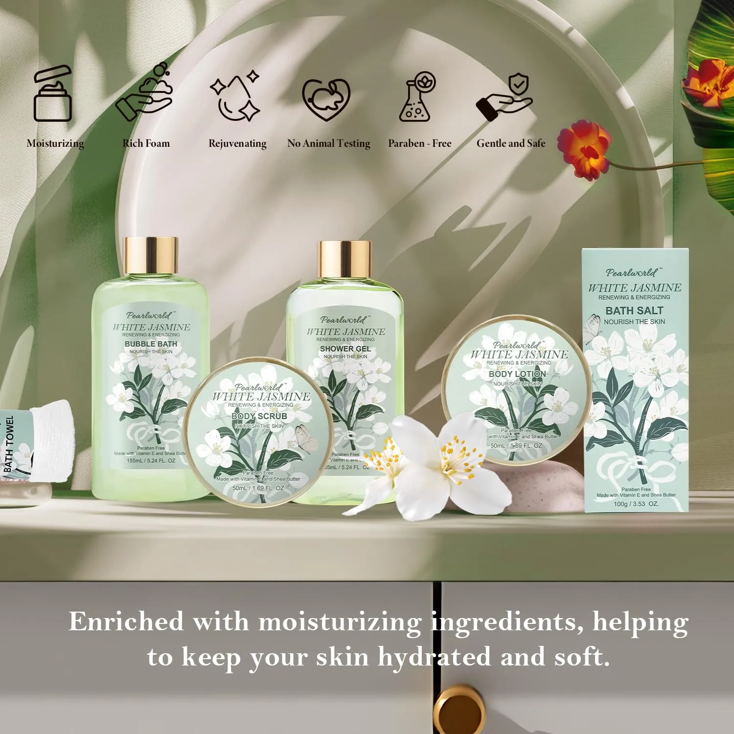 Bath Gift Baskets for Women, 9pc Jasmine Spa Gifts Set for Women, Self Care & Body Relaxing, Birthday Gift Basket, Mother's Day Gifts, Christmas, Anniversary Bath Gift Set