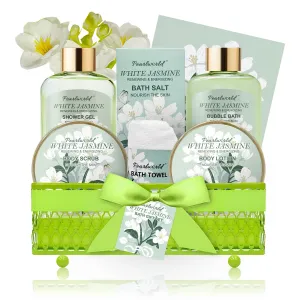 Bath Gift Baskets for Women, 9pc Jasmine Spa Gifts Set for Women, Self Care & Body Relaxing, Birthday Gift Basket, Mother's Day Gifts, Christmas, Anniversary Bath Gift Set
