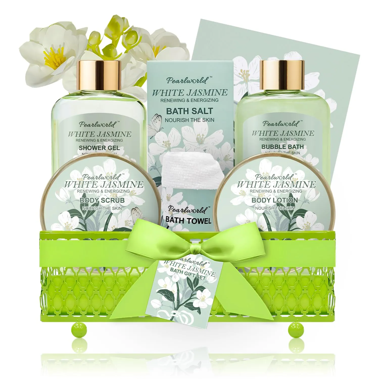 Bath Gift Baskets for Women, 9pc Jasmine Spa Gifts Set for Women, Self Care & Body Relaxing, Birthday Gift Basket, Mother's Day Gifts, Christmas, Anniversary Bath Gift Set