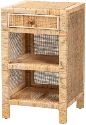 Baxton Studio Bella Modern Bohemian Natural Brown Mahogany Wood and Natural Rattan 1-Drawer Nightstand