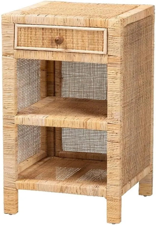 Baxton Studio Bella Modern Bohemian Natural Brown Mahogany Wood and Natural Rattan 1-Drawer Nightstand