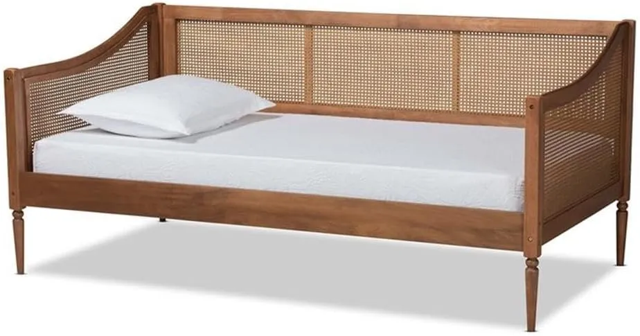 Baxton Studio Ogden Mid-Century Modern Walnut Brown Finished Wood and Synthetic Rattan Twin Size Daybed