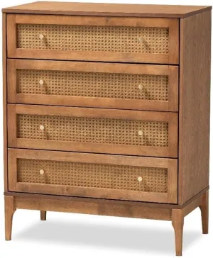 Baxton Studio Ramiel Mid-Century Modern Ash Walnut Finished Wood and Rattan 4-Drawer Chest