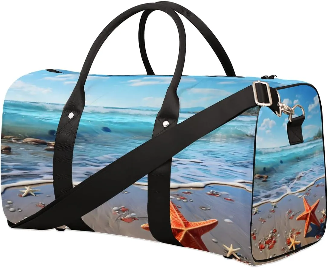 Beach Starfish Travel Duffle Bag for Women Men Gym Duffel Foldable Bag Waterproof Weekender Blue Ocean Duffle Tote