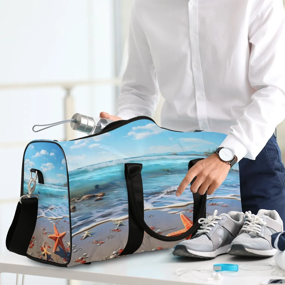 Beach Starfish Travel Duffle Bag for Women Men Gym Duffel Foldable Bag Waterproof Weekender Blue Ocean Duffle Tote