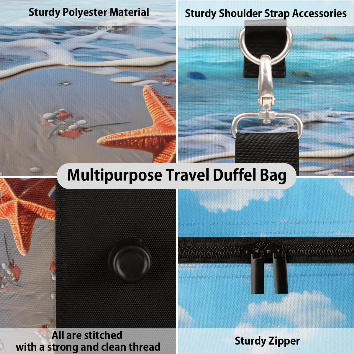Beach Starfish Travel Duffle Bag for Women Men Gym Duffel Foldable Bag Waterproof Weekender Blue Ocean Duffle Tote
